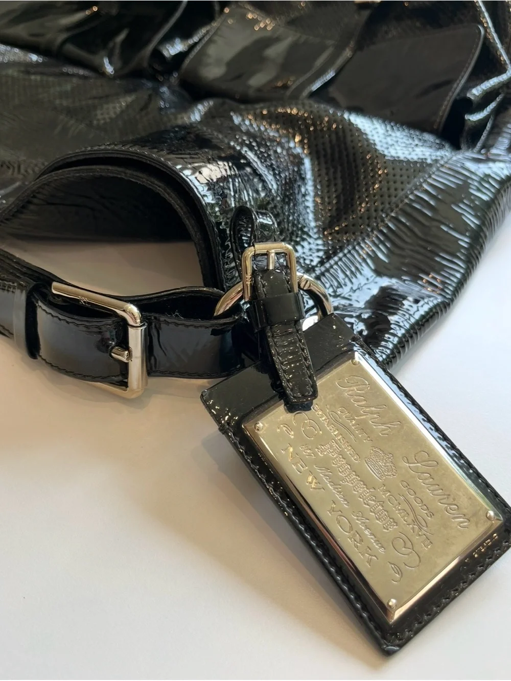 Ralph Lauren Collection Patent Perforated Leather Hobo Bag Black